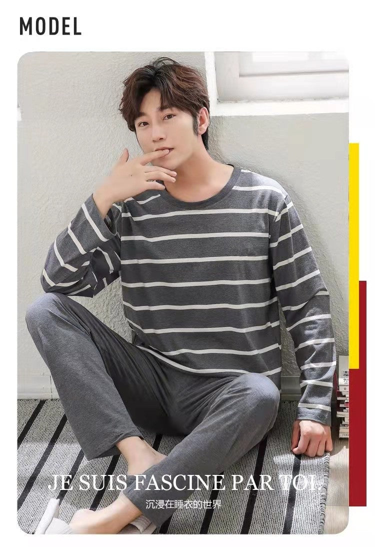 2Pcs/set men's pajamas set of large size long-sleeved long trousers autumn and winter students home clothing round neck autumn m