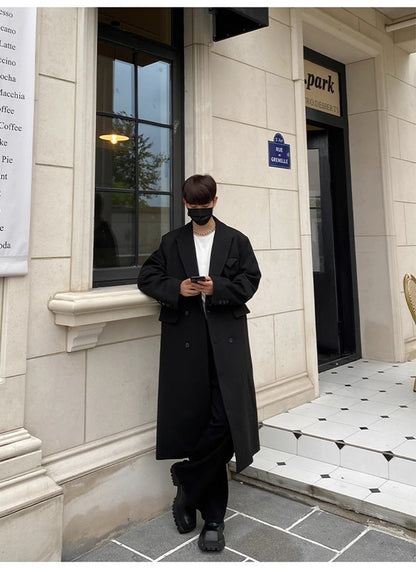 Mauroicardi Autumn Winter Long Warm Coffee Black Soft Woolen Coat Men Double Breasted Loose Casual Wool Blends Overcoat 2023