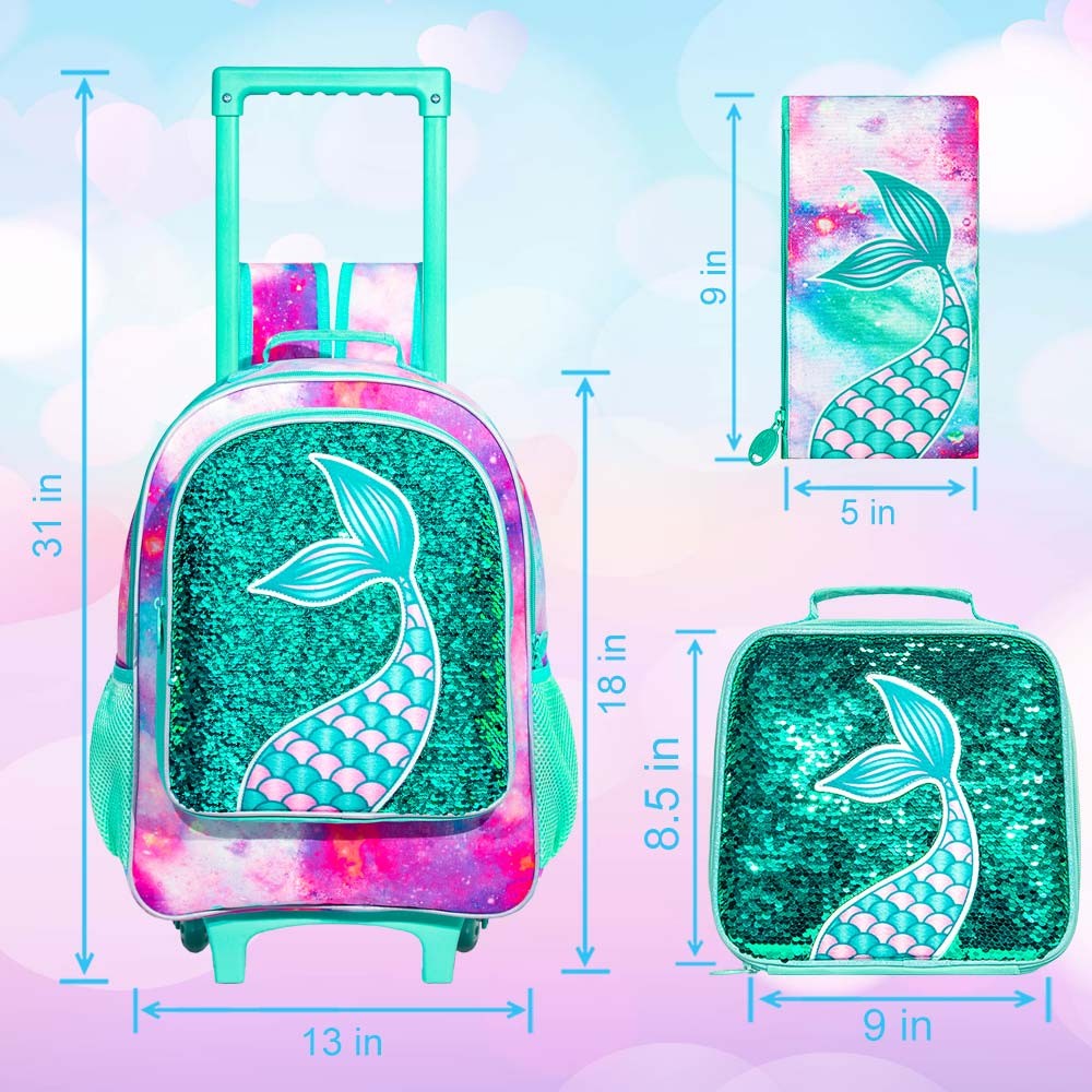 Mochila de Rodinhas 3 Peças para Meninas e Meninos, Bolsa Escolar com Rodas para Crianças, Mochila com Rodas com Lancheira