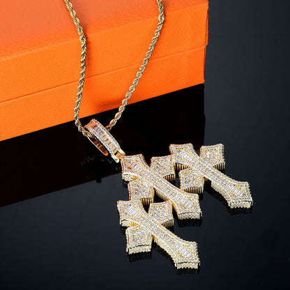 High Quality 3Inch Mens Hip Hop Cross Pendant New Release Iced out Triple Cross with Stone Charm Necklace Made Brass