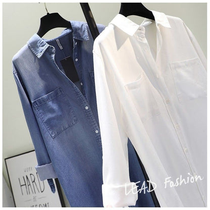 Fashion Women's Clothing Shirt Medium Long Containing Cotton Shirt Loose Fit Long Sleeve Double Pocket Rolled Sleeve Thin Blouse