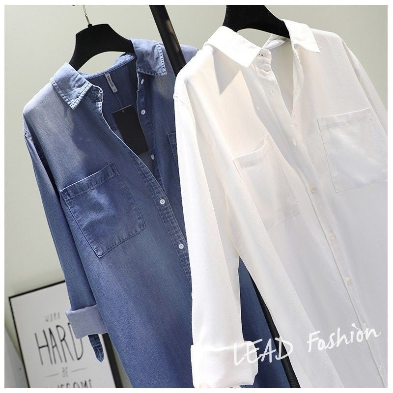 Fashion Women's Clothing Shirt Medium Long Containing Cotton Shirt Loose Fit Long Sleeve Double Pocket Rolled Sleeve Thin Blouse
