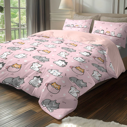 3pcs (1 duvet cover, 2 pillowcases, coreless), pink cute cartoon cat element printed bedding set, soft and comfortable