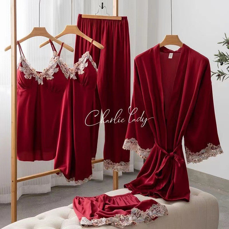Women's Ice Silk Nightgown Set - Spring/Fall Long-Sleeve Robe Sexy Pure Desire Style with Padded Strapless Nightdress and Pants