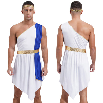 Mens Ancient Greek Toga Roman King Prince Cosplay Costume Halloween One Shoulder Embroidered Robe Dress Theme Party Outfits