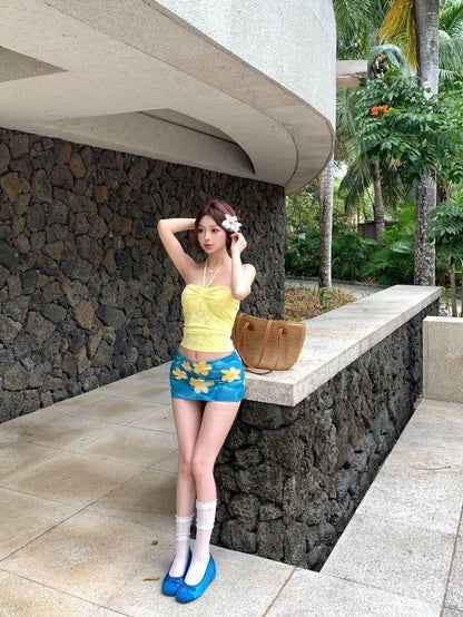 French Drawstring Blue Floral Tube Top Women Separate Swimwear Set Coastal Summer Vacation Beach Holiday Swimsuit for Girl