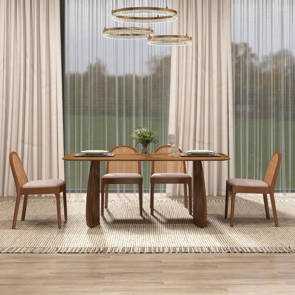 large walnut rectangular pedestal dining table for 6-8 people, 71" mid-century modern wood