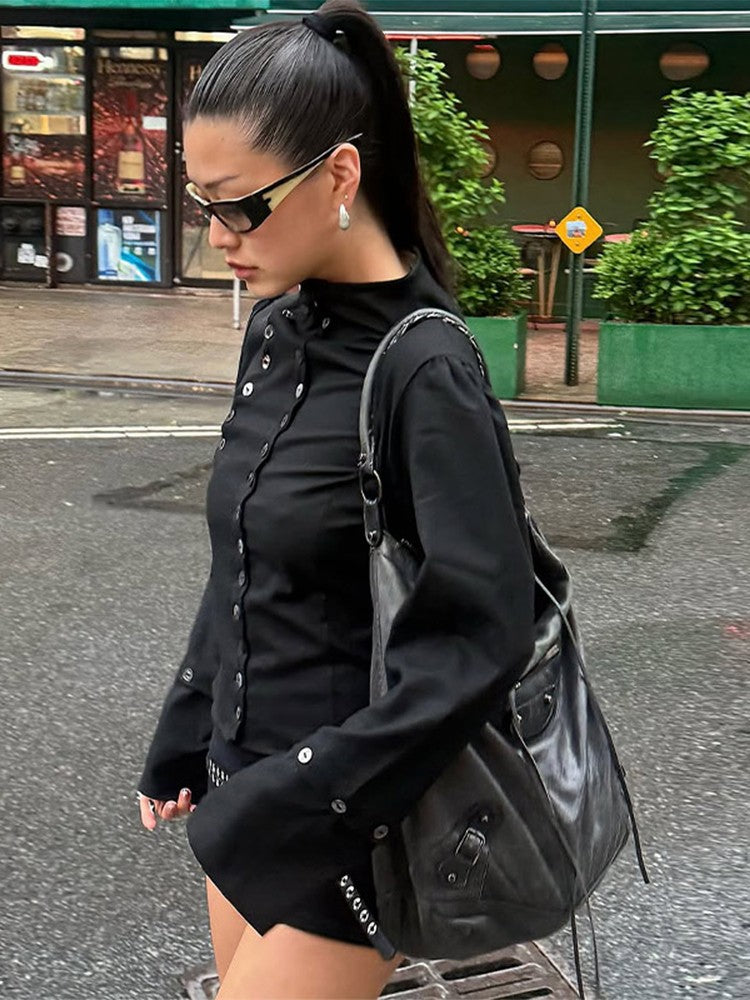 Women's Chic Buttons Cropped Shirt High Neck Solid Y2K Style Slim Fit Tops Grunge Streetwear Vintage Punk Fashion Causal Blouses