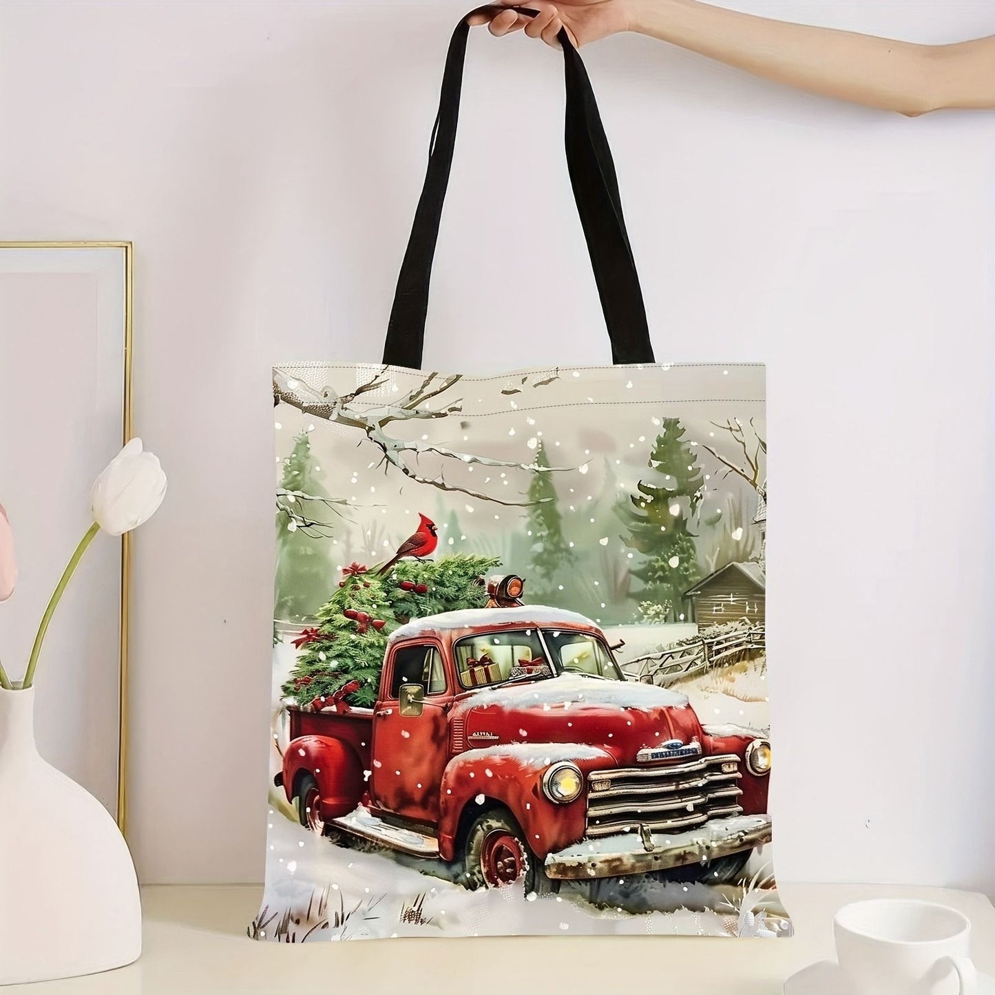 Christmas Themed Polyester Tote Bag Two Gnomes Design, Durable Shoulder Bag for Shopping Shoulder Bag Festive Handbag Casual Use