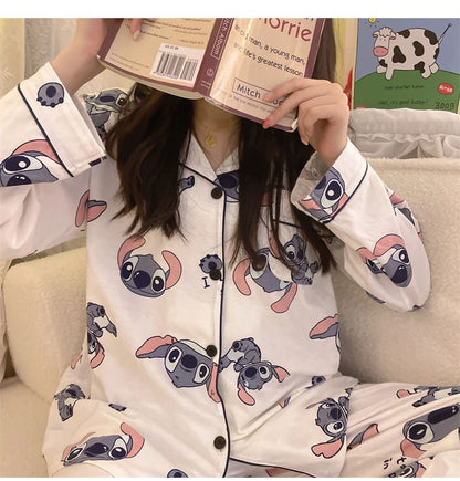 Hot Stitch Disney Faux Cotton Pajamas Spring Autumn Cartoon Female Pyjamas Kawaii Suit Long Sleeves Winter Home Sleepwear Gift