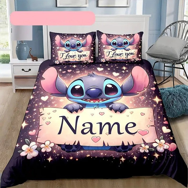 Capa de Edredom Stitch Anime Personalizável com 2 Fronhas Conjunto de Roupa de Cama Personalizado com Nome de Desenho Animado para Mulheres Crianças Adolescentes