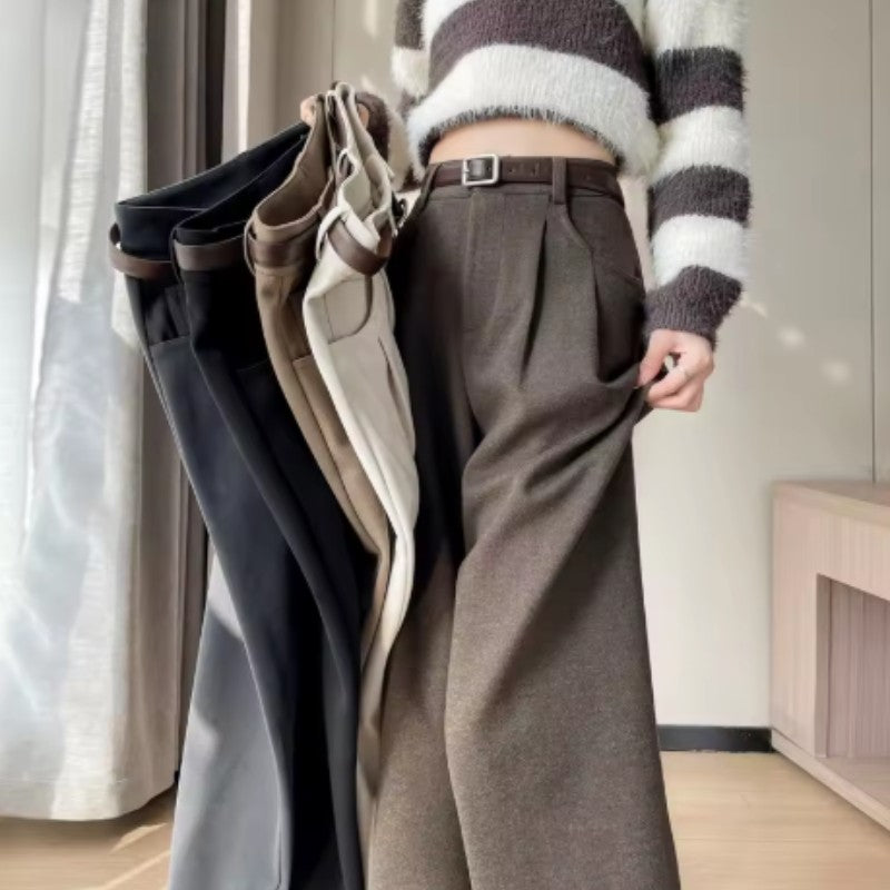High Quality Woolen Wide Leg Pants Women Streetwear Belt Baggy Black Suit Pants Winter Korean Fashion Casual Straight Trousers