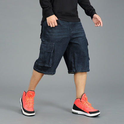 ABOORUN Mens Plus Size Loose Baggy Denim Shorts Fashion Streetwear Hip Hop Skateboard Cargo Jeans Short for Male R1402