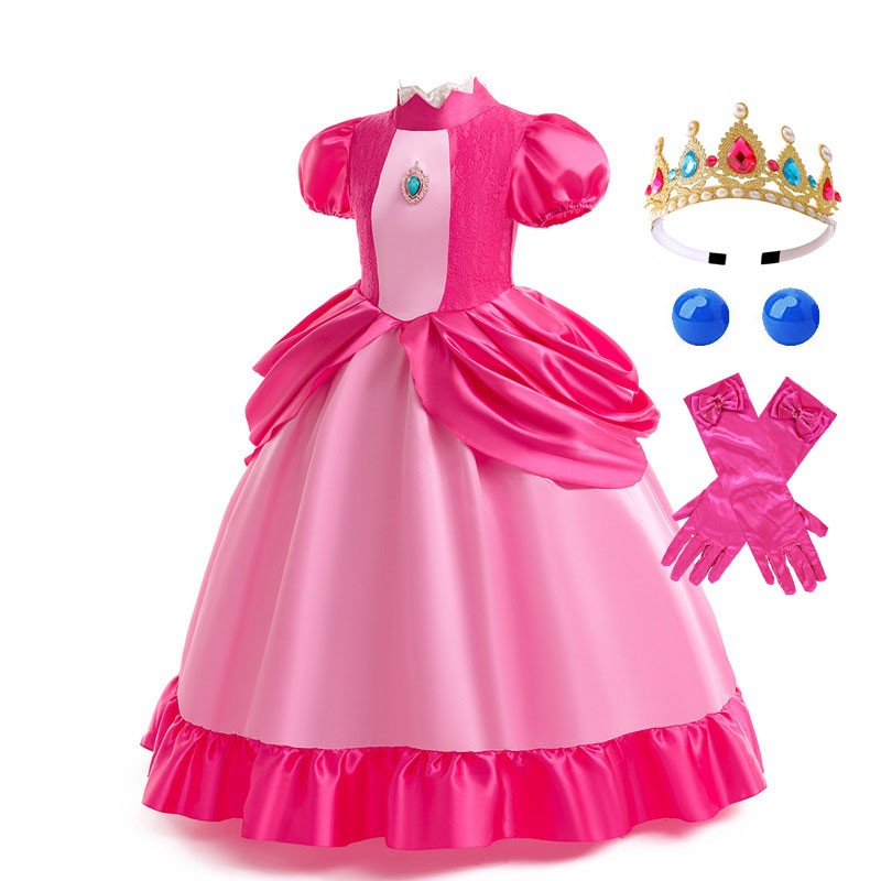 New 2026 Movie Inspired Lolita Princess Dress Super Plumber Bros's Friend Peach Costume Girls Pink Lace Frock Role Play Apparel