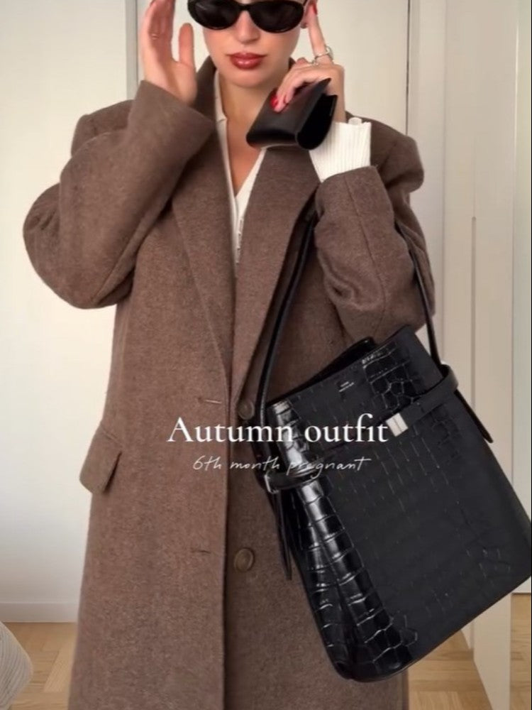 Women Shoulder Pad Wool Long Coats Fashion Lapel Single-breasted Long Sleeve Coat Chic 2025 Autumn Lady Commute Street Outerwear