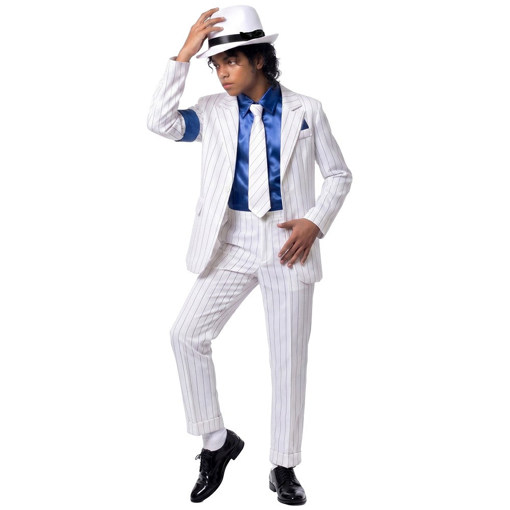 Kids Michael Jackson Cosplay Costume Boys White Striped MJ Suit Tap Dance Outfit Halloween Party Stage Performance Dance Costume
