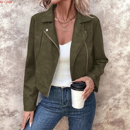 New Autumn Rose Red Women's Short Jacket, Zipper Closure, Lapel Collar, Fashionable Casual Coat.