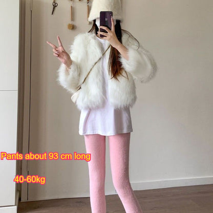 Pink Mink Velvet Pants Women High Waist Elasticity Plush Casual Thermal Leggings Tight Knitted Straight Wear Outside Trousers