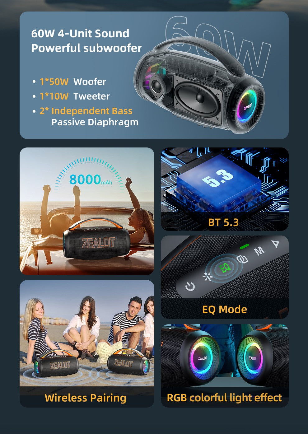 Caixa de Som Portátil Bluetooth Zealot P12 60W com IPX6 à Prova d'Água, Alça Confortável, Iluminação Controlável, TWS, AUX