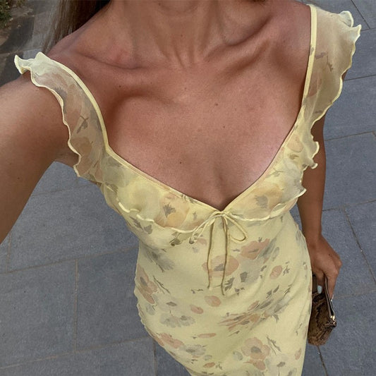Women's Floral Cami Dress Slim Tie Bow Deep V Neck Backless Ruffle Spaghetti Str