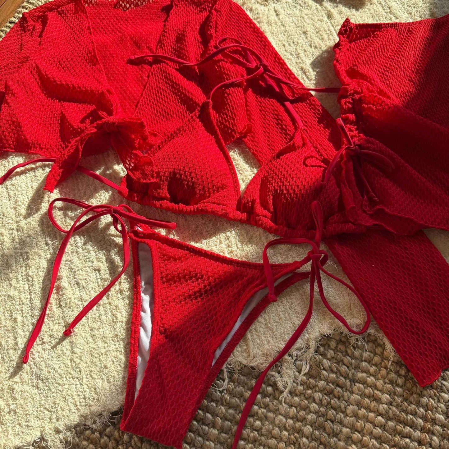 Summer Holiday 4 Piece Bikini Set 2025 Women Sexy White Long Sleeve Cover Up and Skirt Swimsuit Beach Bathing Suit Pool Swimwear