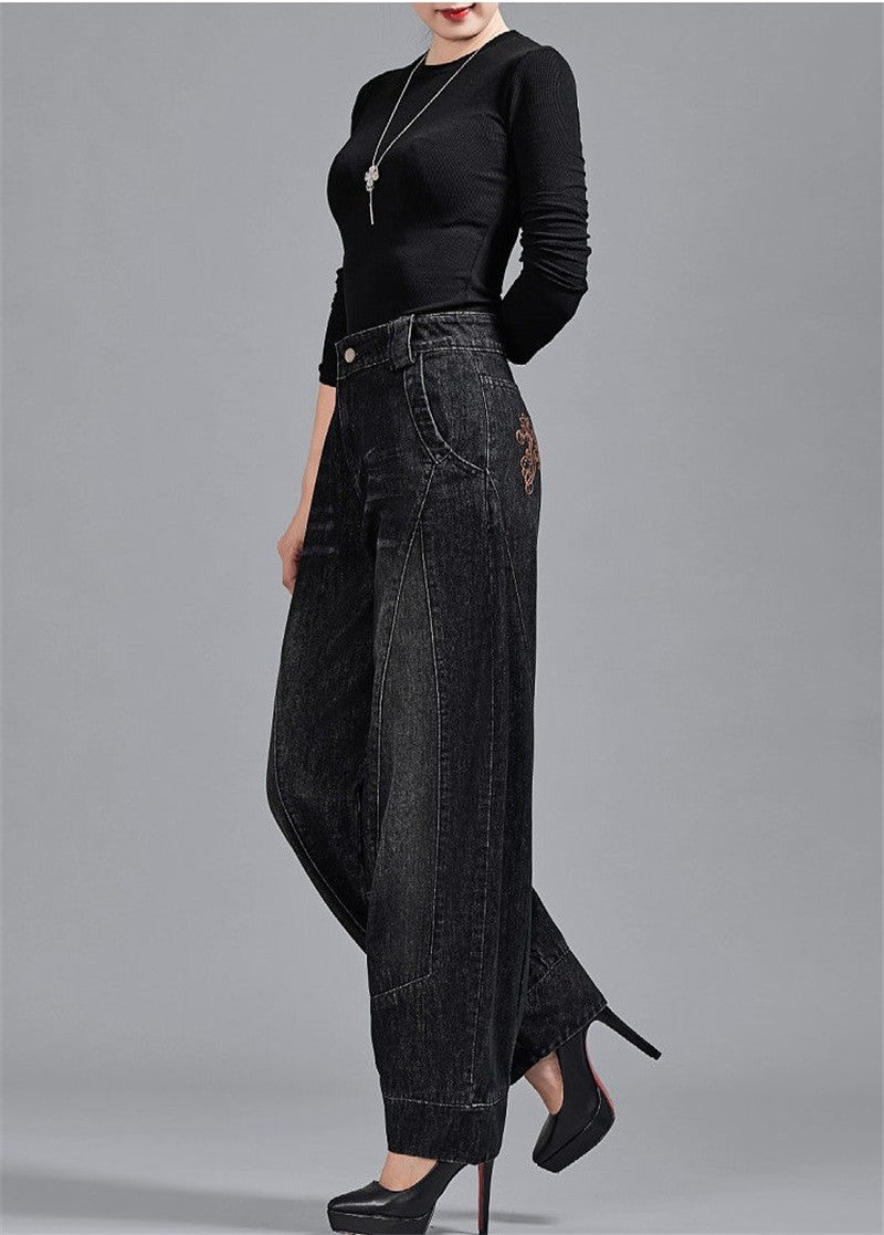Autumn Winter High Waisted Women Jeans Casual Loose Embroidery Bloomers Trousers Female Fashion Wide Leg Denim Pants Blue