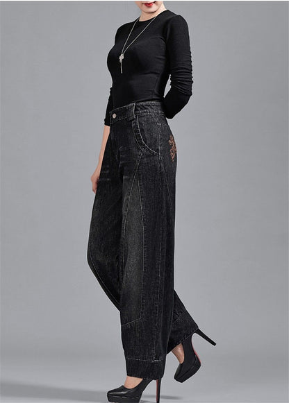Autumn Winter High Waisted Women Jeans Casual Loose Embroidery Bloomers Trousers Female Fashion Wide Leg Denim Pants Blue