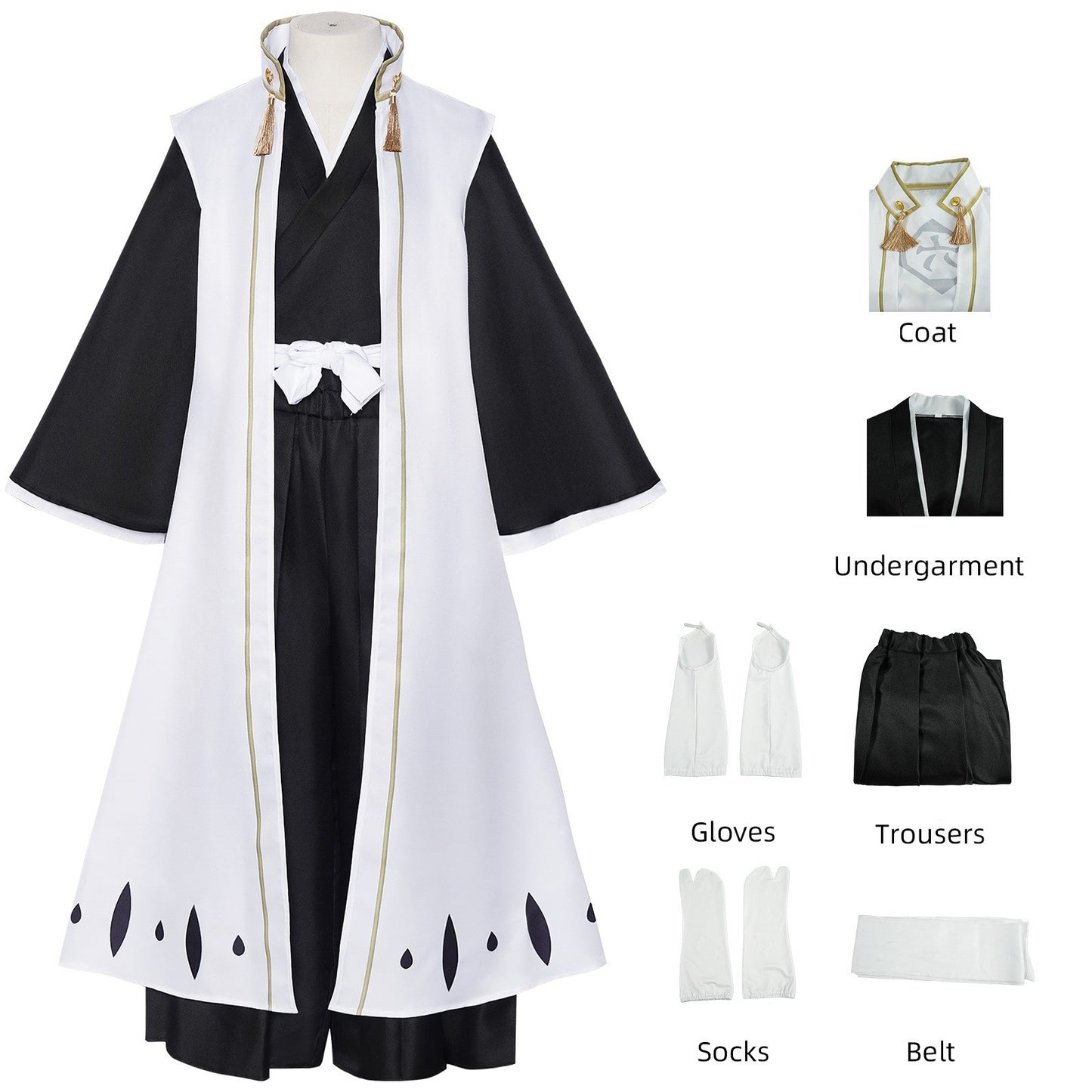 Anime Kuchiki Byakuya Cosplay Costume wig Kimono Gotei 13 Captain White Cloak Combat Uniform Adult Man Halloween Carnival Suit