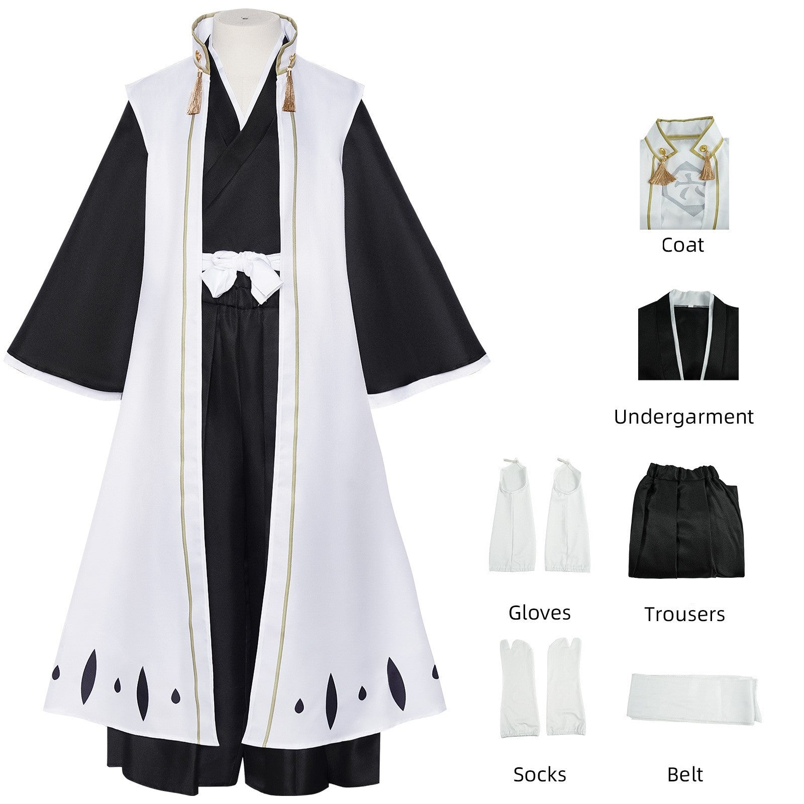 Anime Kuchiki Byakuya Cosplay Costume wig Kimono Gotei 13 Captain White Cloak Combat Uniform Adult Man Halloween Carnival Suit