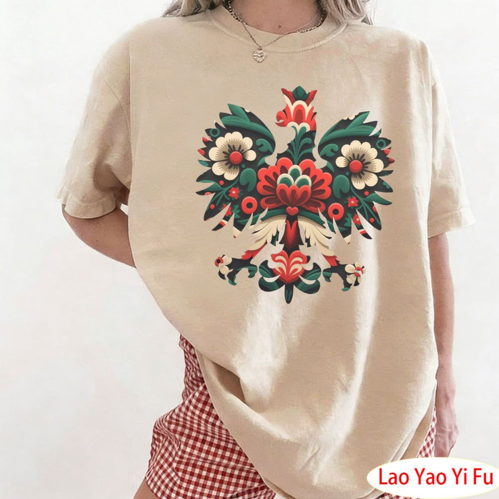 Polish Eagle Shirt Folk Art Christmas Design Clothes Botanical Flowers Tops Summer Women Retro Fashion Graphics Tees