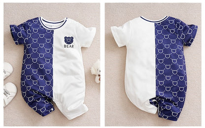 Roupas de Recém-Nascido Macacão de Ursinho de Pelúcia Desenho Animado Patchwork Confortável e Macio Verão Meninos e Meninas 0-18 Macacão de Bebê Manga Curta
