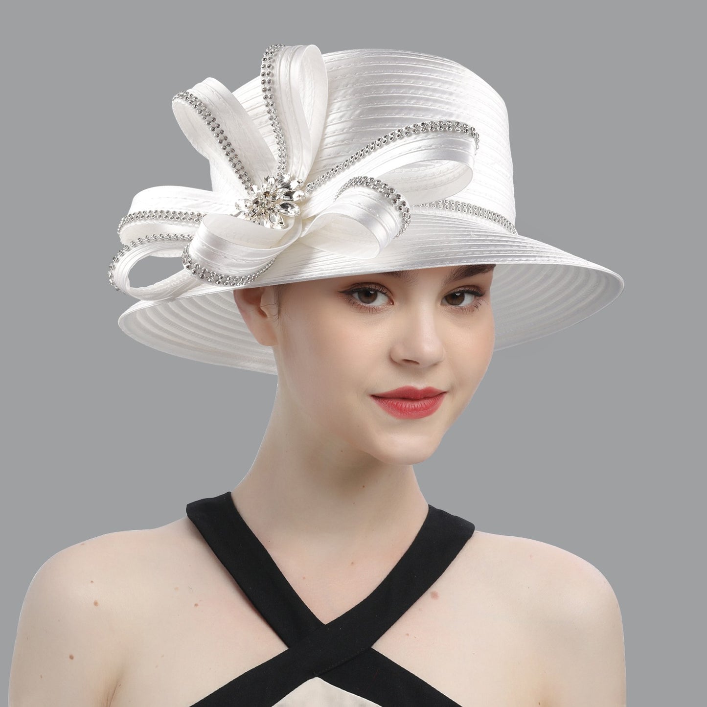 Deluxe New White Church Hat Party Banquet Satin Cloth Photography Hats Premium Chains Formal Hat Flower Top Cap For Women Ladies