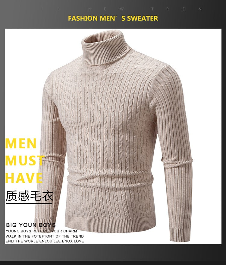 Autumn and Winter Men's Sweater Thin Elastic Fine Knitted Warm Top Versatile High Neck Solid Color Tight Fitting Pullover Top