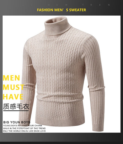 Autumn and Winter Men's Sweater Thin Elastic Fine Knitted Warm Top Versatile High Neck Solid Color Tight Fitting Pullover Top