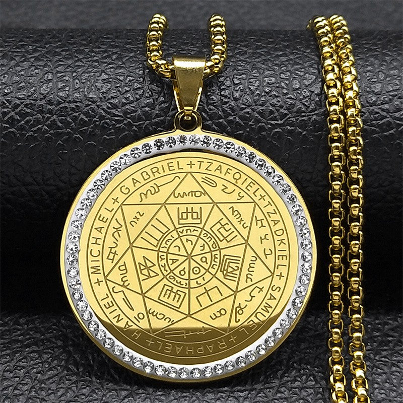 Colar de Anjo Medalha Sete Arcanjos para Mulheres Homens Aço Inoxidável Selo de Salomão Proteção Corrente Joias colar NZZZ504S02