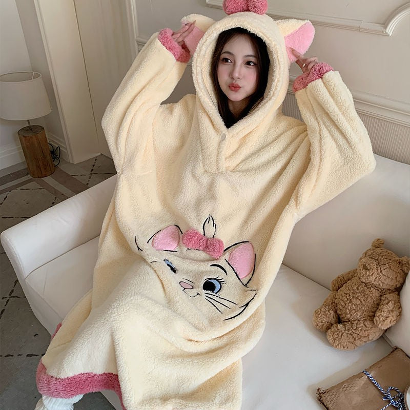 Camisola de Gatinha Marie da Disney Kawaii Desenho Animado Feminino Inverno Veludo Coral Longo Veludo Grosso Solto com Capuz Robe de Banho