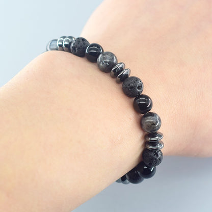 Pulseira Clássica Preta de Contas de Pedra Vulcânica Labradorita Natural, Joia Masculina e Feminina de Proteção Espiritual e Equilíbrio Energético