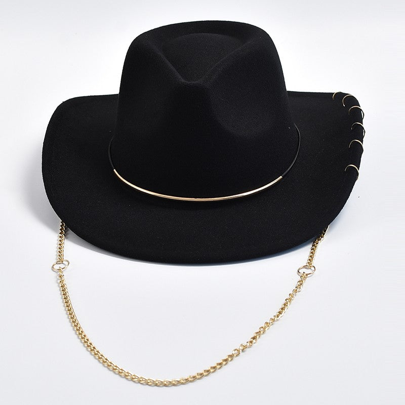 Chapéus Fedora Retrô Femininos Masculinos Chapéu de Jazz em Feltro com Corrente de Metal Aba Curva Chapéu de Cowboy Ocidental Sombrero Hombre