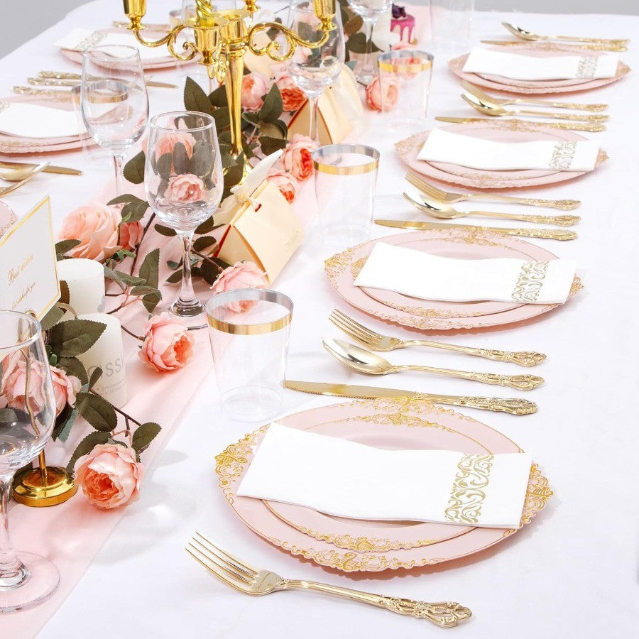 700PCS Pink Plastic Plates Pink and Gold Plates Luxury Pinks Plastic Dinnerware Set Include 200 Pinks Disposable Plates 300 Hea