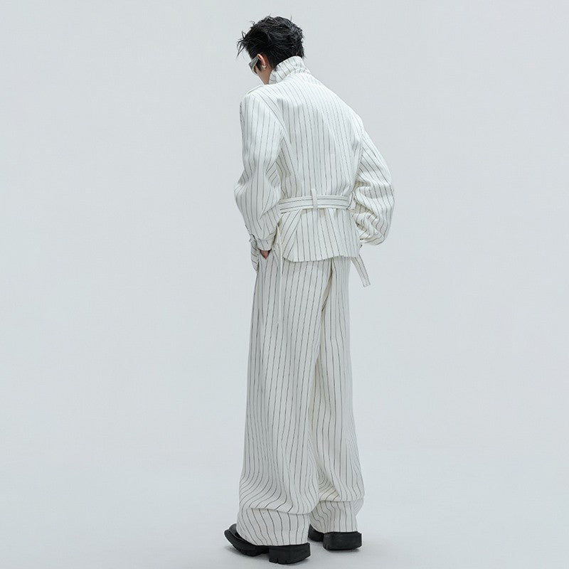 LUZHEN Fashion Stripe Printed Stand Neck Double Breasted Male Coat 2025 Autumn New Handsome Straight Casual Trousers Men JY4780