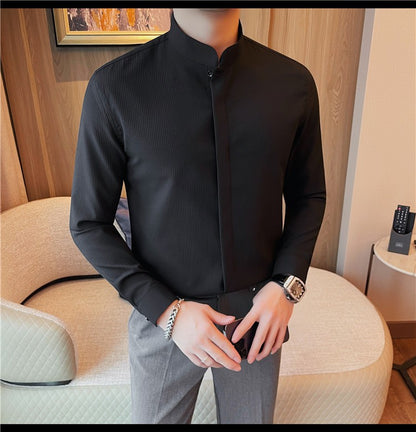 Men Standing Collar Shirt Long Sleeved 2024 Autumn British Style Solid Casual Hidden Button Elastic Slim Fit Formal Dress Shirt