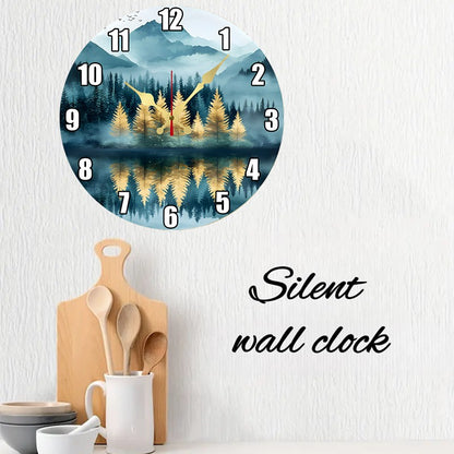 Natural Scenery Wooden Round Silent Hanging Wall Clock,Suitable For Living Room,Office,Study Room,Bedroom,Home Decoration