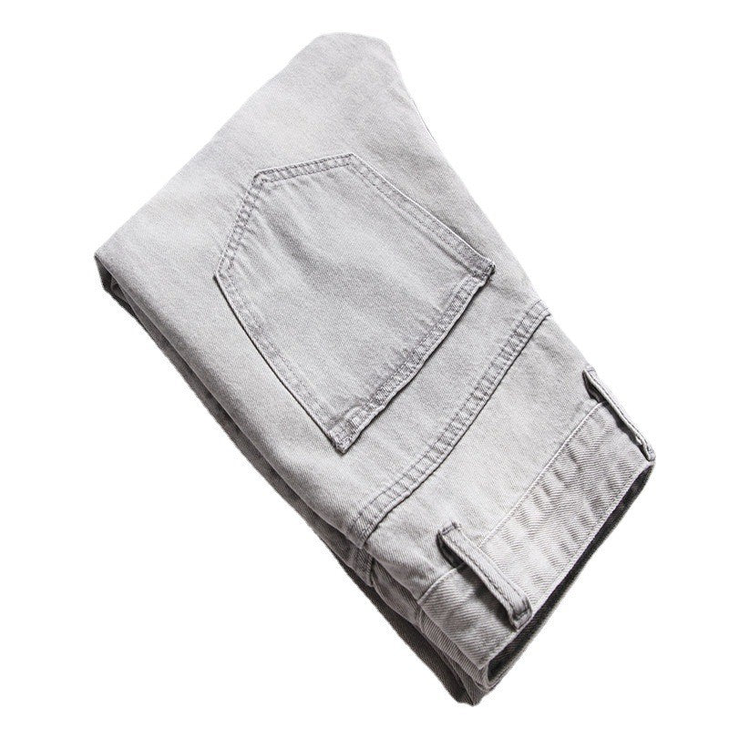 Mens Jeans Large-size Straight Light Gray Denim Trousers Spring and Autumn Full Length Male Pants Ripped Jeans