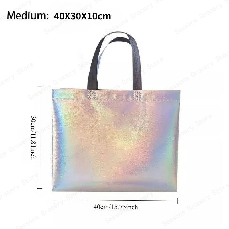 10Pcs Reusable Silver Laser Tote Bag Durable Non Woven Gift Shopping Bag for Wedding Bridesmaid Party Birthday Eco Friendly