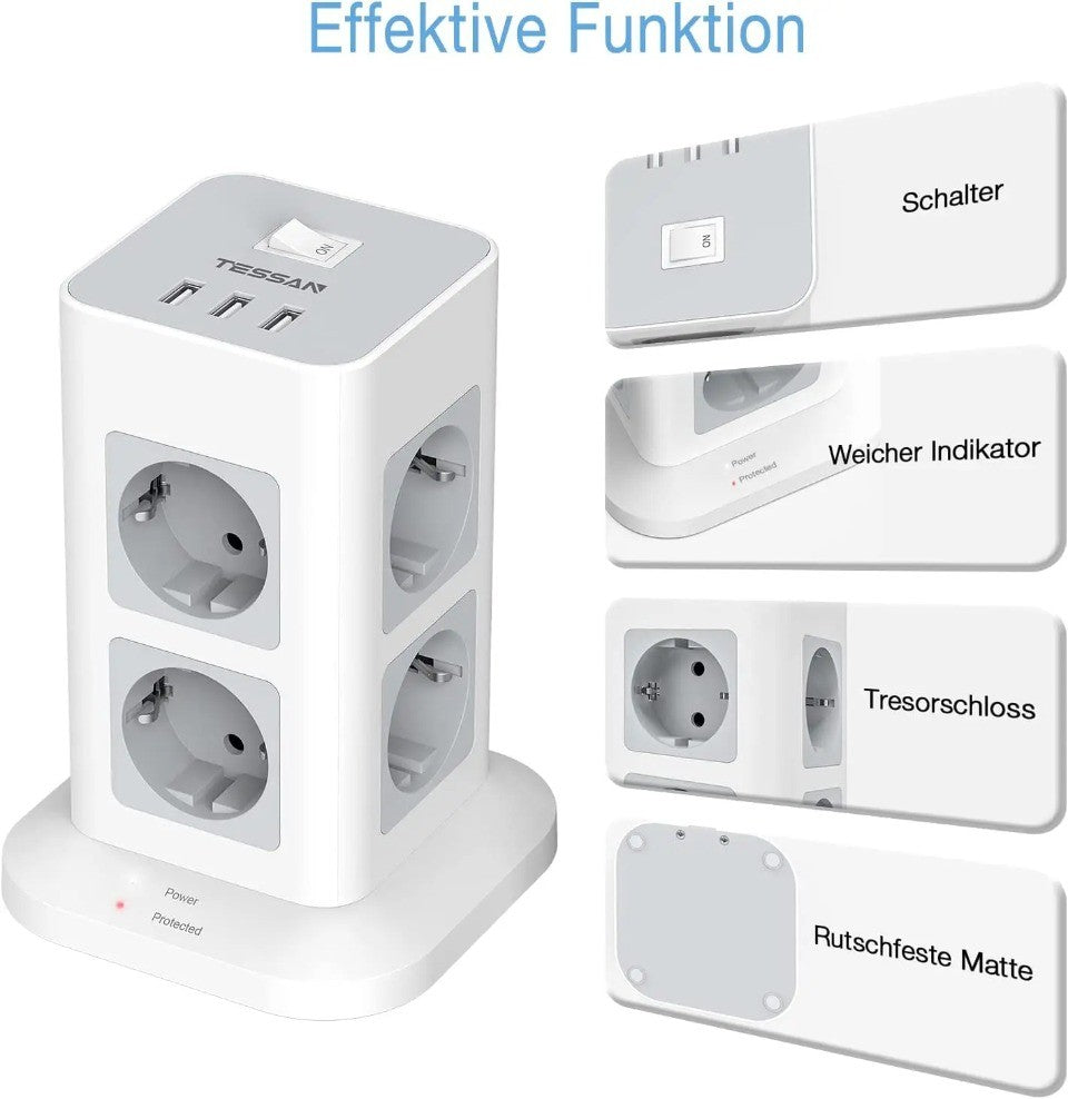 TESSAN Tower Power Strip Multi Outlets with USB A +1 Type C 2M Extension Cable EU Plug Vertical Electric Socket Surge Protection