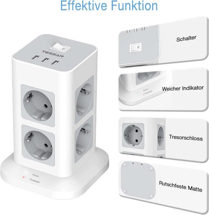 TESSAN Tower Power Strip Multi Outlets with USB A +1 Type C 2M Extension Cable EU Plug Vertical Electric Socket Surge Protection