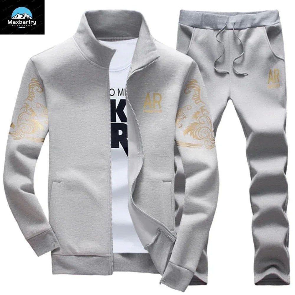 Winter Men's Sports Suit with Fleece and Warm Standing Collar Jacket+men's Drawstring Sports Pants Fashionable Printed Men's Set