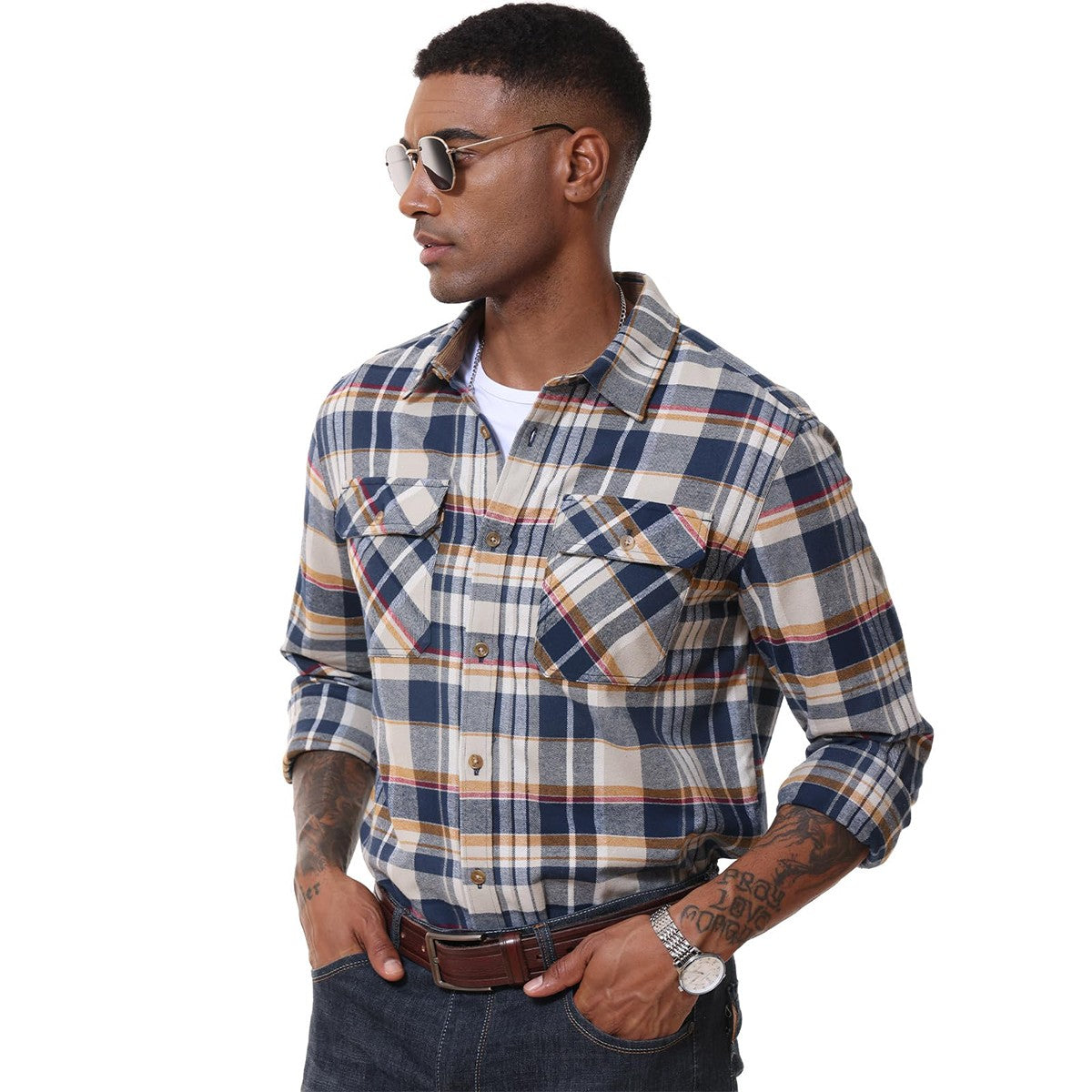 MAGCOMSEN Flannel Shirts Men's Long Sleeves Cotton Long Sleeve Plaid Shirt with 2 Pockets Button Down Casual Corduroy Shirt Male