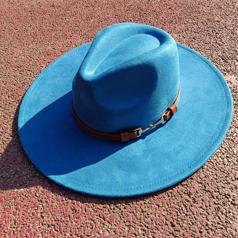 Suede fedora hat with same color accessories teardrop top wide brim hat for men and women Panama hat chapeau homme   sombrero