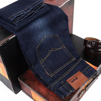 Novos jeans masculinos de perna reta, clássico preto azul micro elástico, casual, negócios, casual, calças jeans masculinas de marca